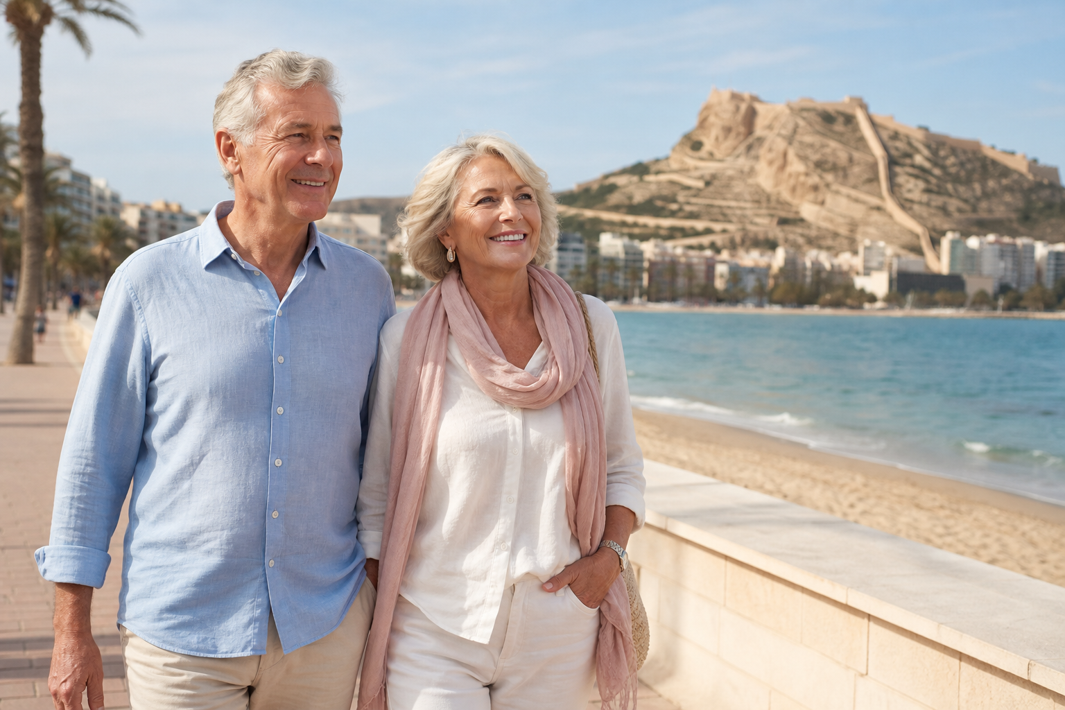 English-speaking senior couple enjoying the Alicante coast