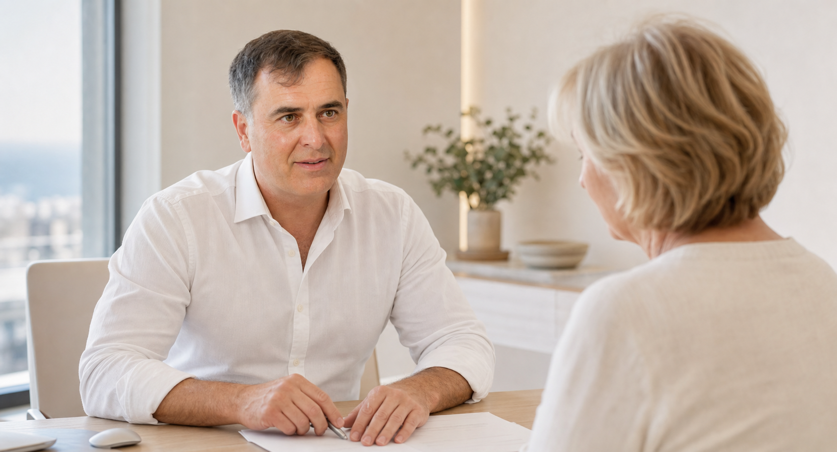 Doctor explaining implant exchange options to a mature patient