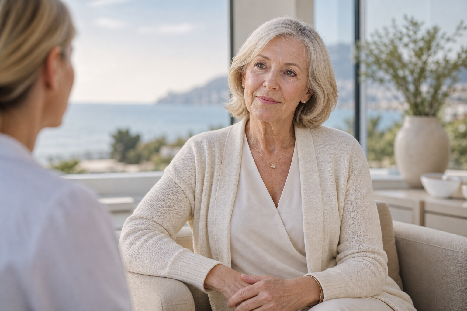 Mature English-speaking woman in a secondary breast surgery consultation
