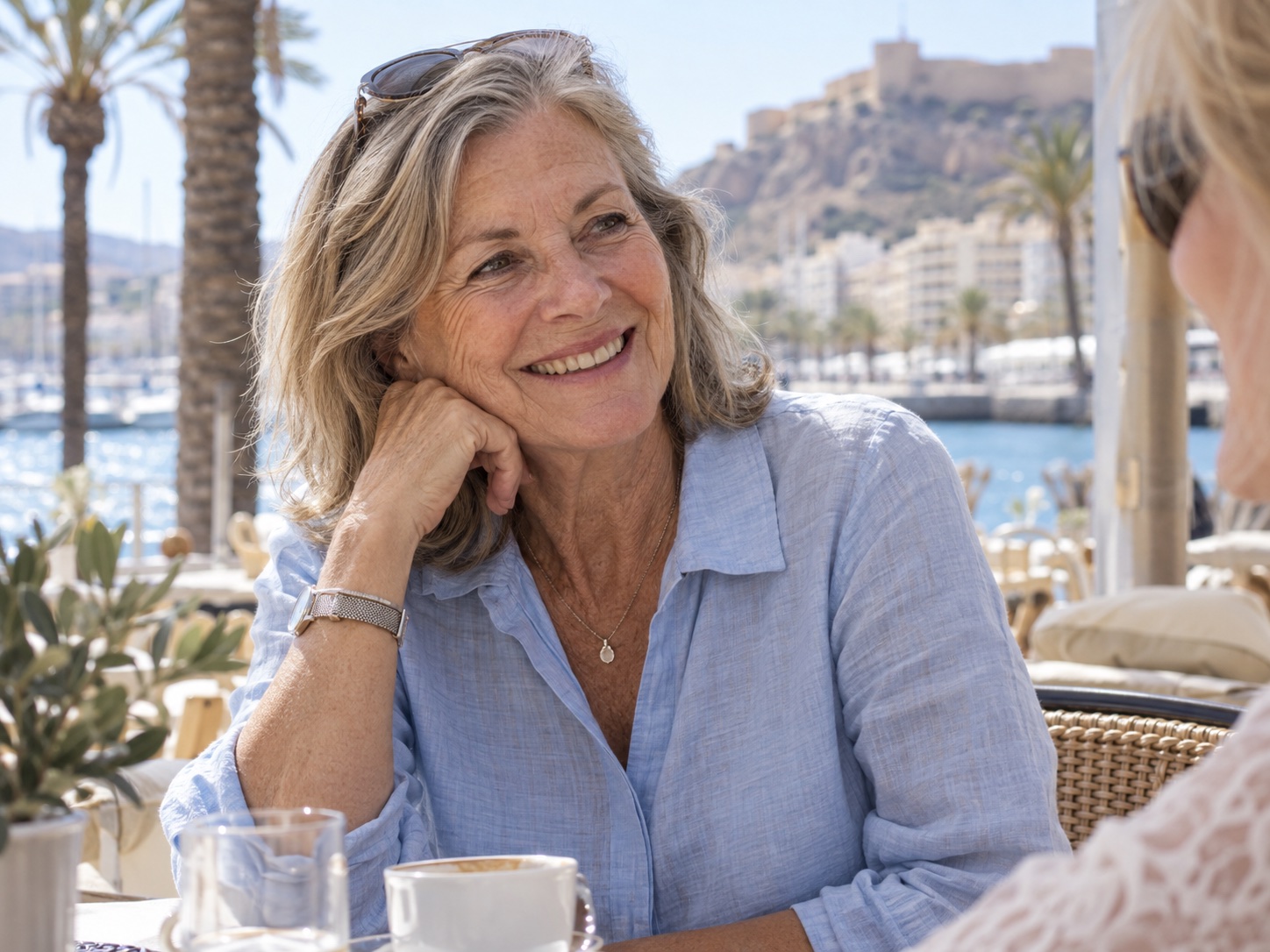 Mature woman enjoying a conversation by the Alicante waterfront