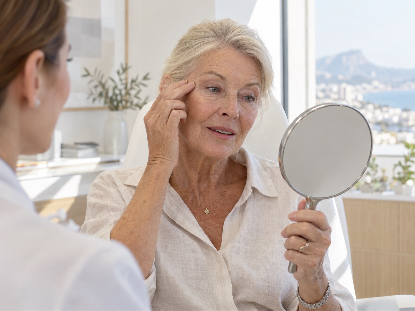 Mature woman discussing her eyelids during a consultation